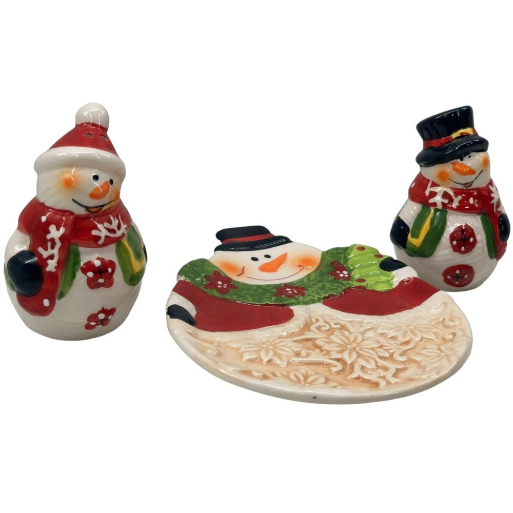 Snowman Salt and Pepper Shaker Set of 3 w/Tray Ceramic Christmas Holiday Decor